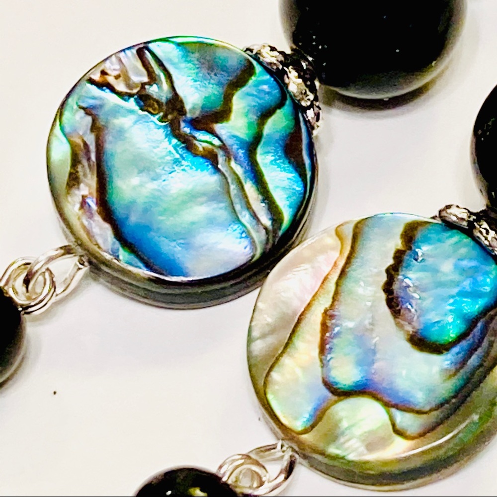 Mint Green Aventurine Stone, Fabulous Abalone & Black Onyx BOHEMIAN Earrings - Picture 6 of 6